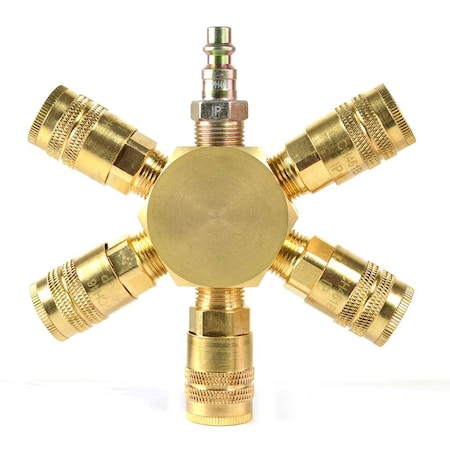 Interstate Pneumatics 3/8 Inch Brass Flat Hex Manifold with 5 x 1/4 Inch Brass Industrial Couplers FPM66R-KH4B